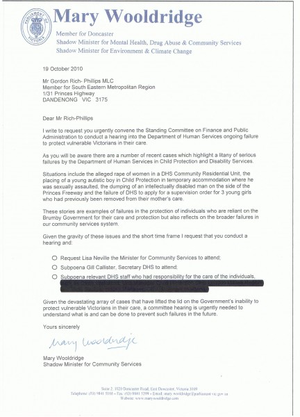 Mary Wooldridge Letter On Child Abuse VIC Shadow Minister for Community Services Mary Wooldridge Letter To Upper House