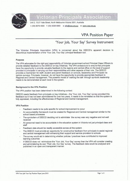 Victorian Principals Association Position Paper Victorian Principals Association Position Paper