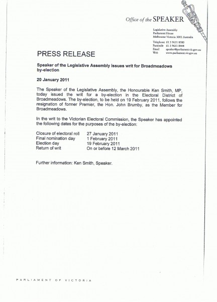 VIC Broadmeadows By-Election Writ Broadmeadows By-Election Writ