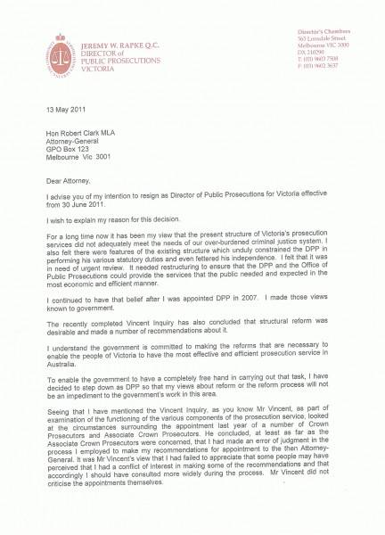 Letter Of Resignation From Jeremy W Rapke QC Page 1 Letter Of Resignation From Jeremy W Rapke QC Page 1